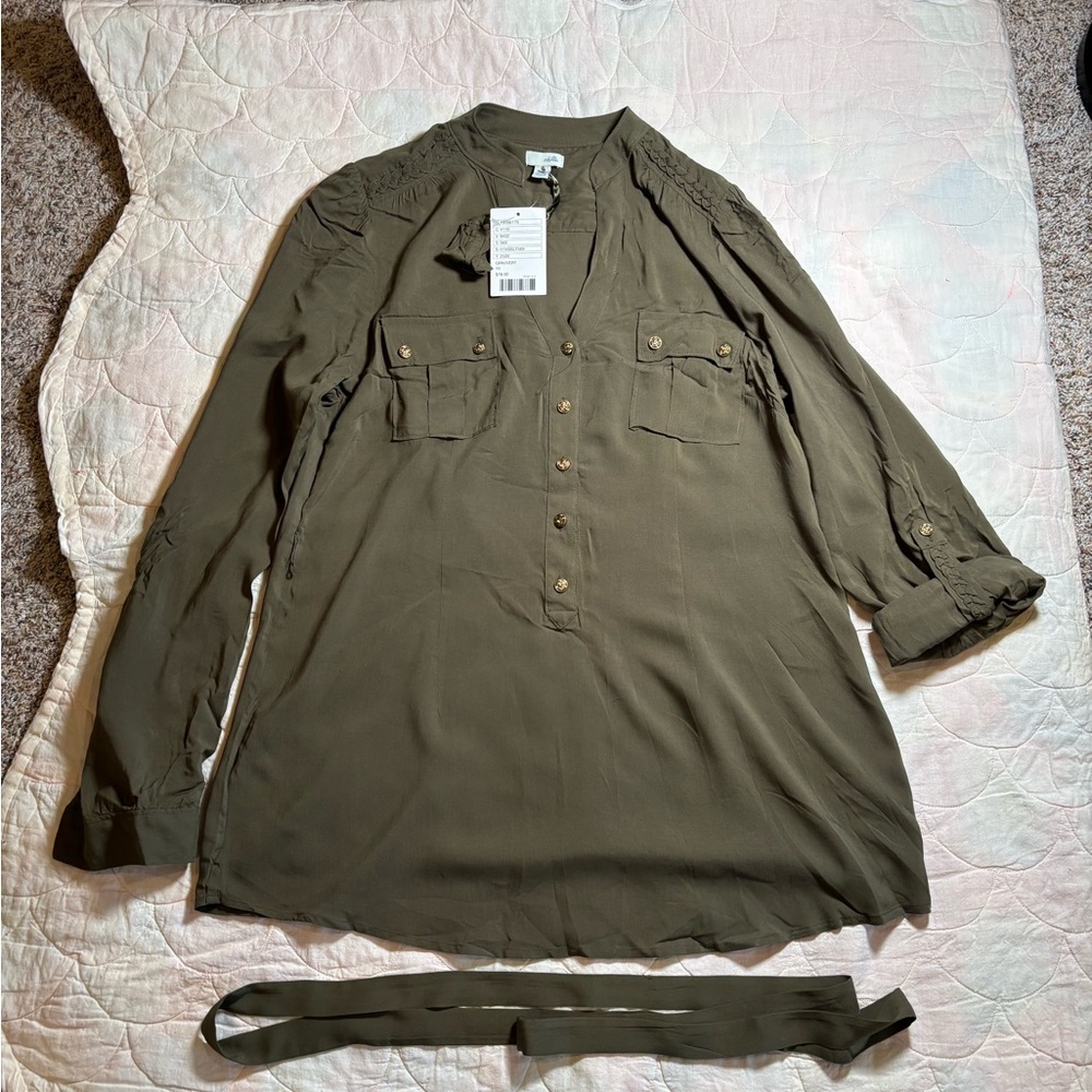 E12 Anthropologie Odille Olive Green Women’s Casual Blouse w/belt Size 10